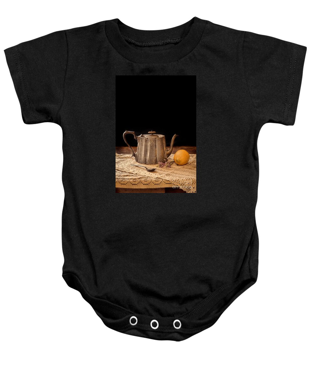 Tea Baby Onesie featuring the photograph Teapot with Lemon by Jill Battaglia