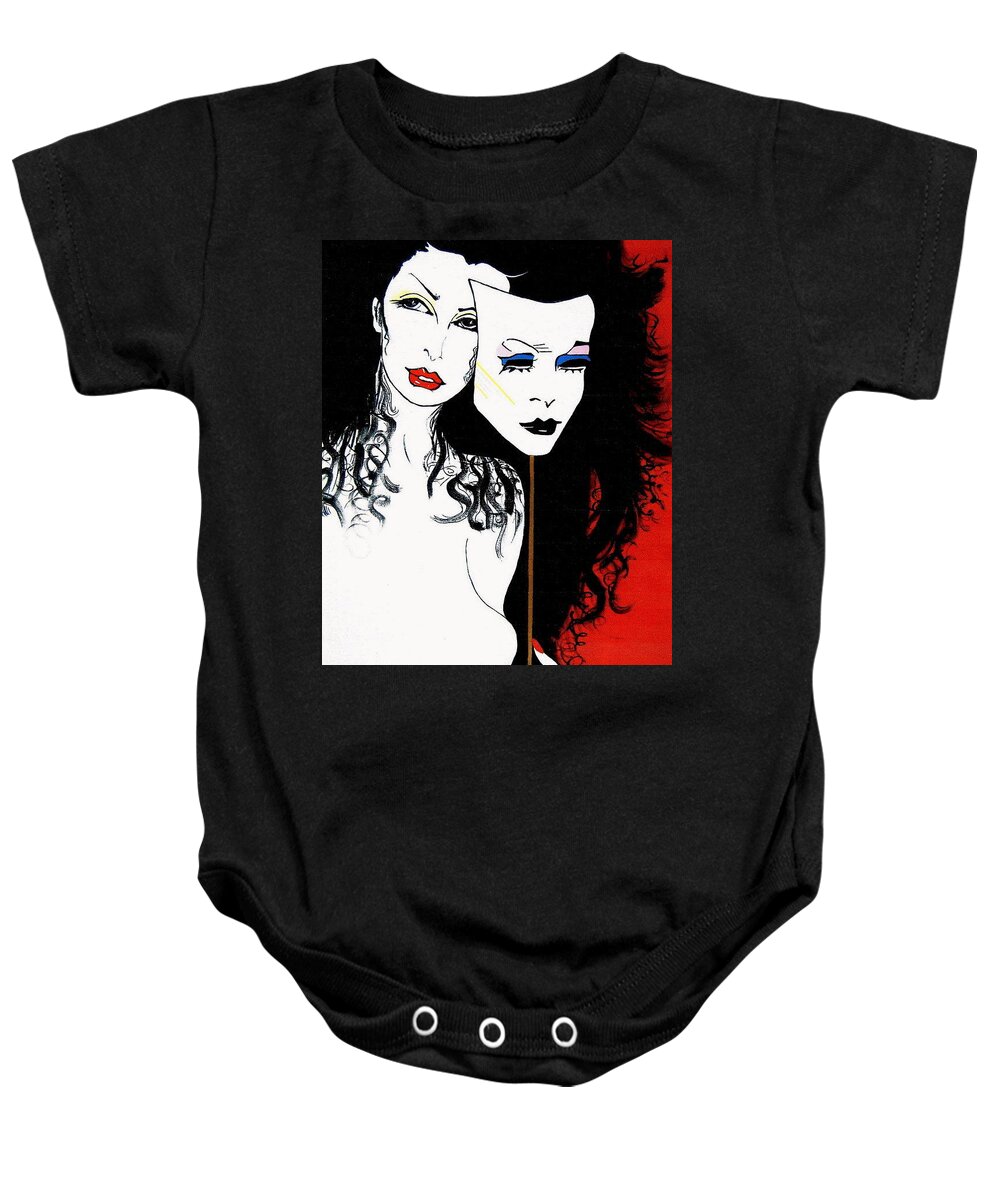 The 2 Face Girl Baby Onesie featuring the painting The 2 Face Girl by Nora Shepley