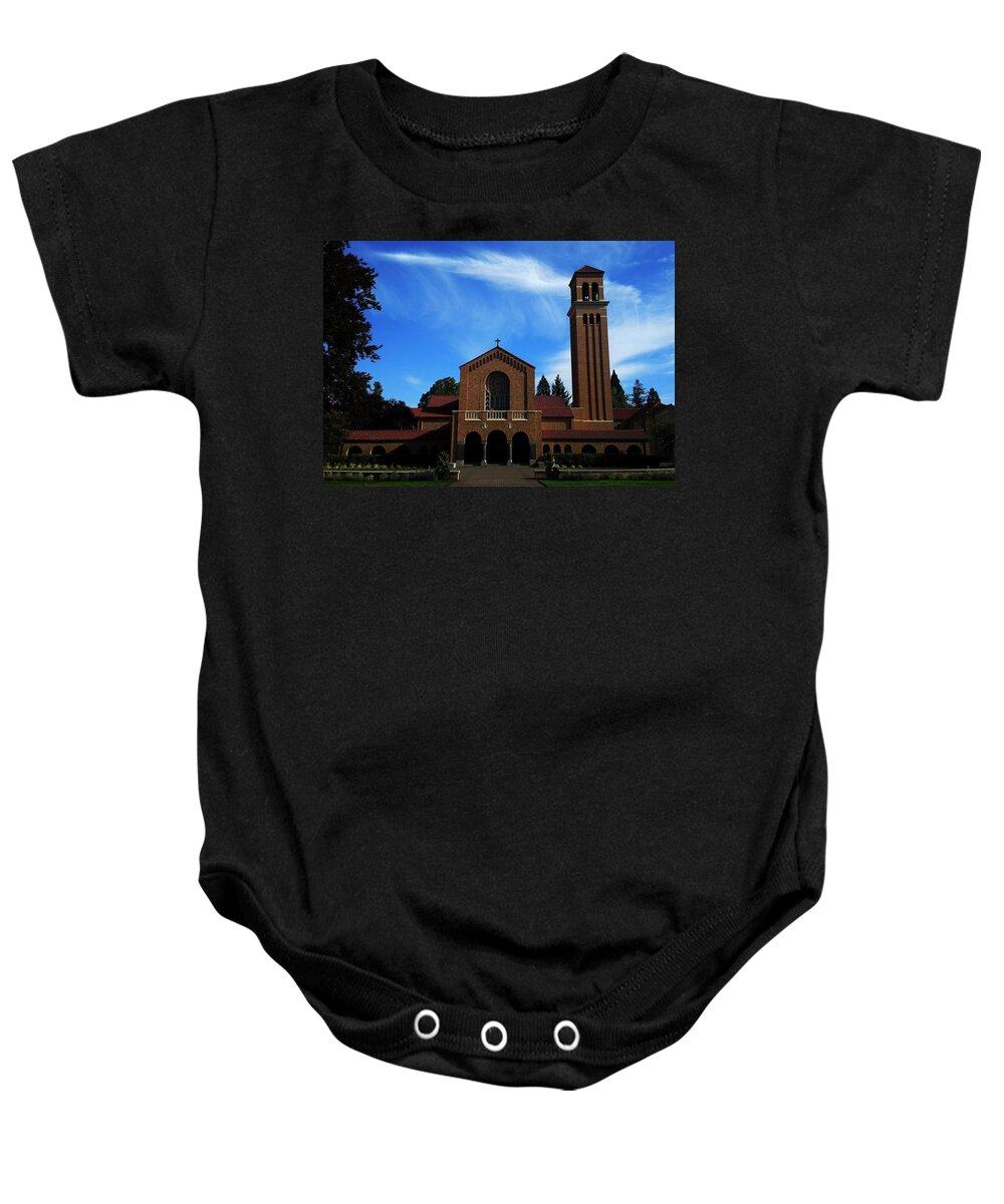 The Abbey Baby Onesie featuring the photograph The Abbey Mt. Angel Oregon by Chris Dunn