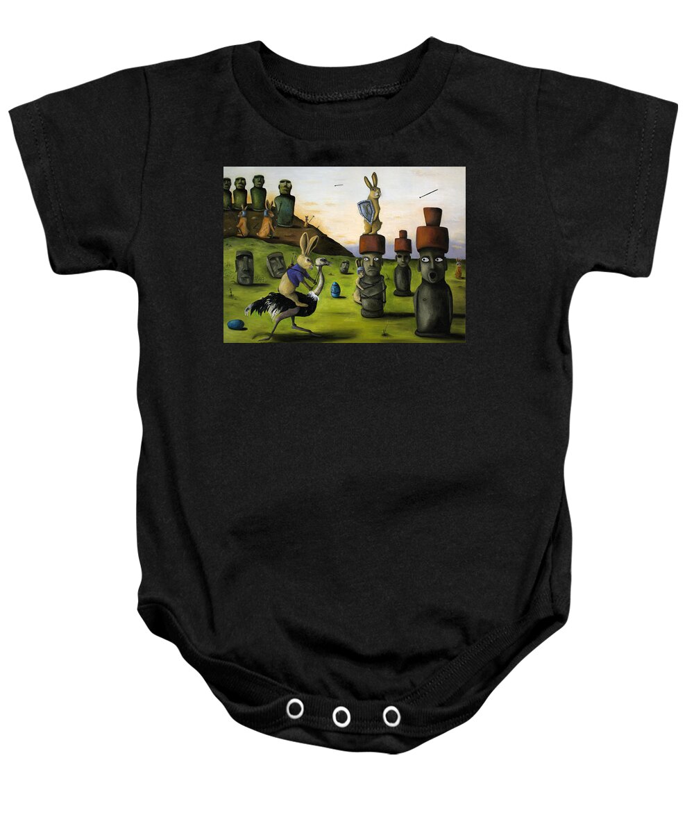  Bunny Baby Onesie featuring the painting The Battle Over Easter Island by Leah Saulnier The Painting Maniac