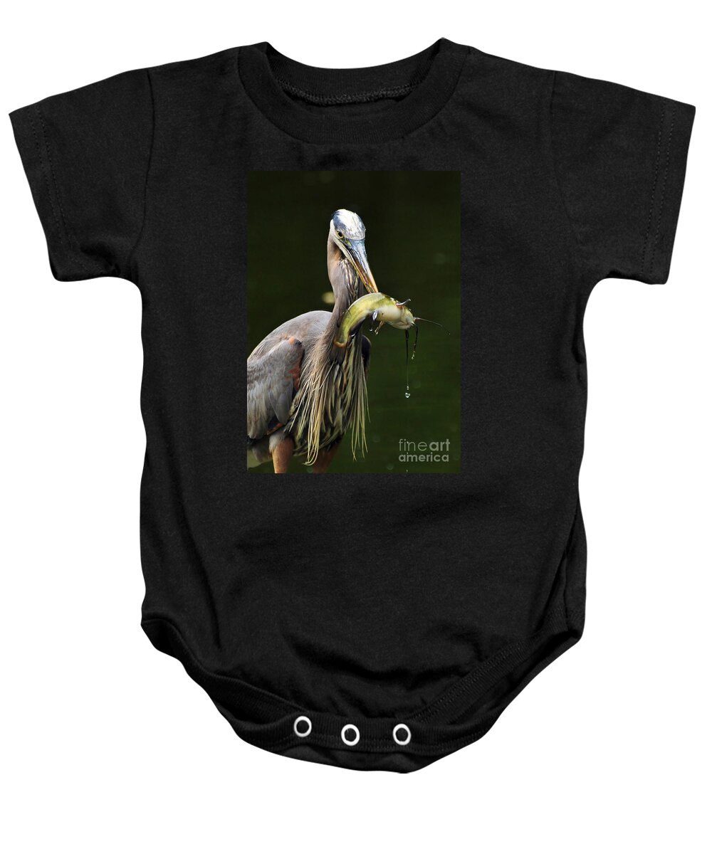 Great Blue Heron Baby Onesie featuring the photograph The Big Catch by Kathy Baccari