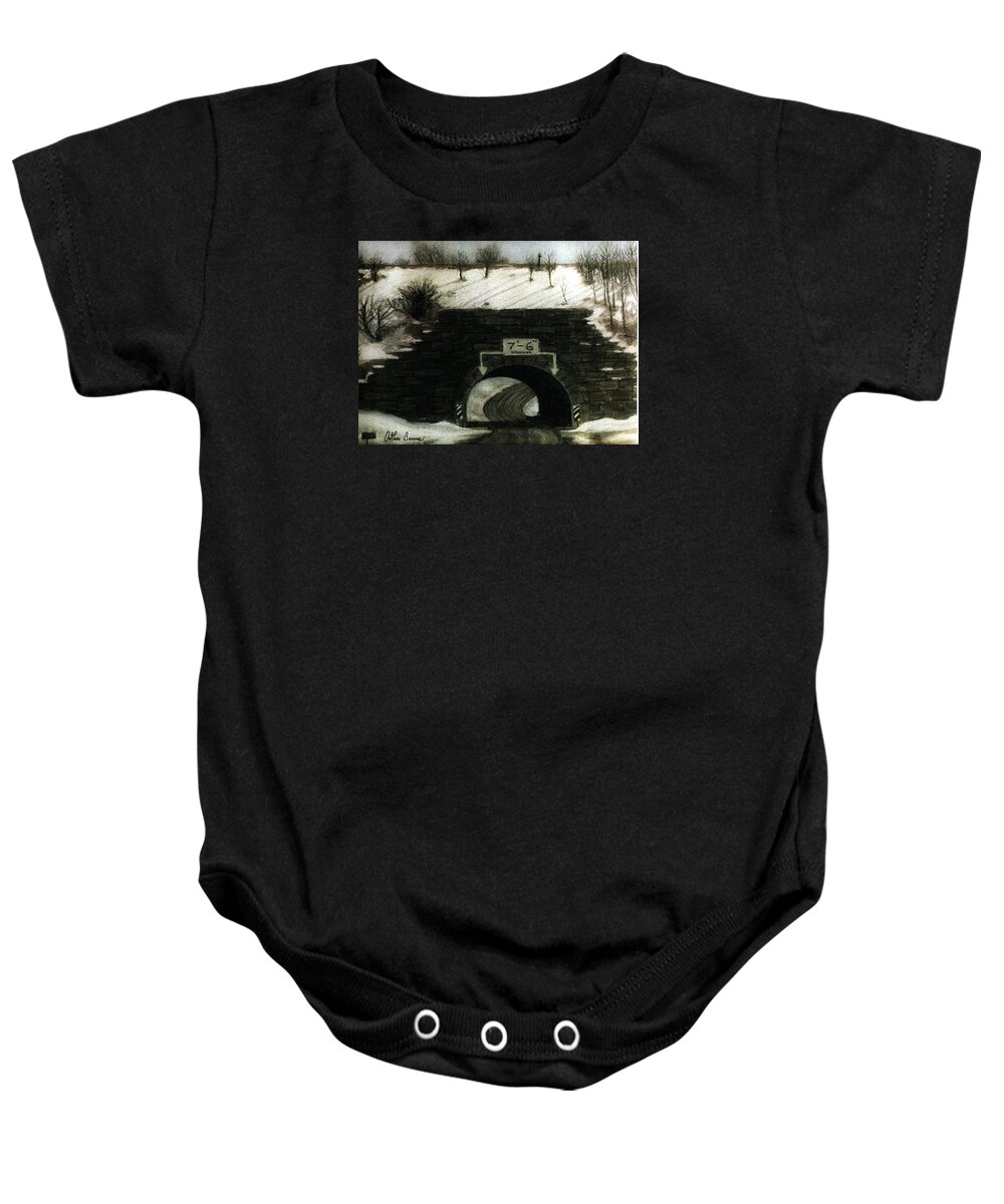 Winter Baby Onesie featuring the painting The Culvert Tunnel in Snow by Arthur Barnes