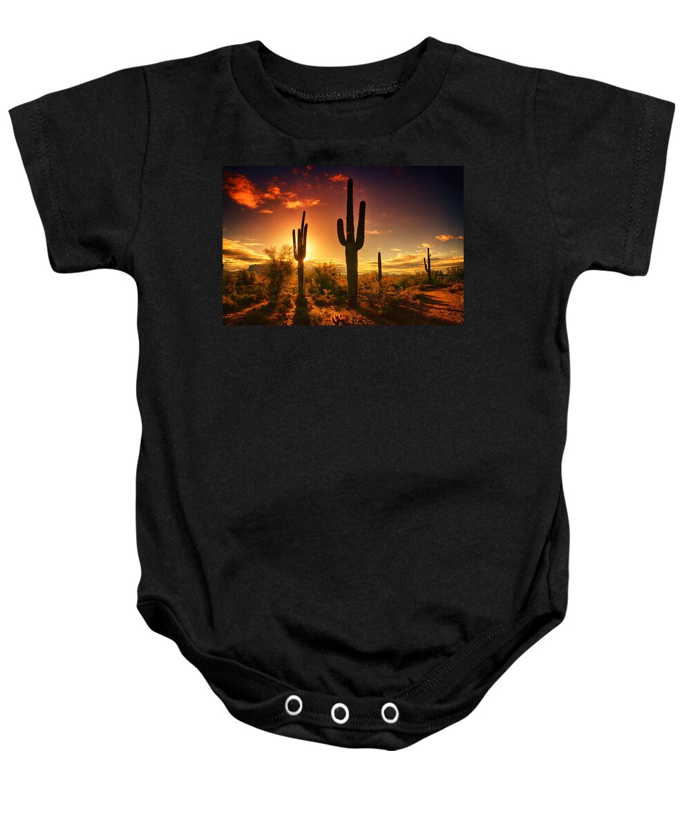 Saguaro Sunrise Baby Onesie featuring the photograph The Desert Awakens by Saija Lehtonen