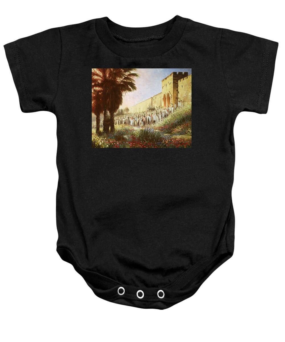 Biblical Baby Onesie featuring the painting The King is Coming Jerusalem by Graham Braddock