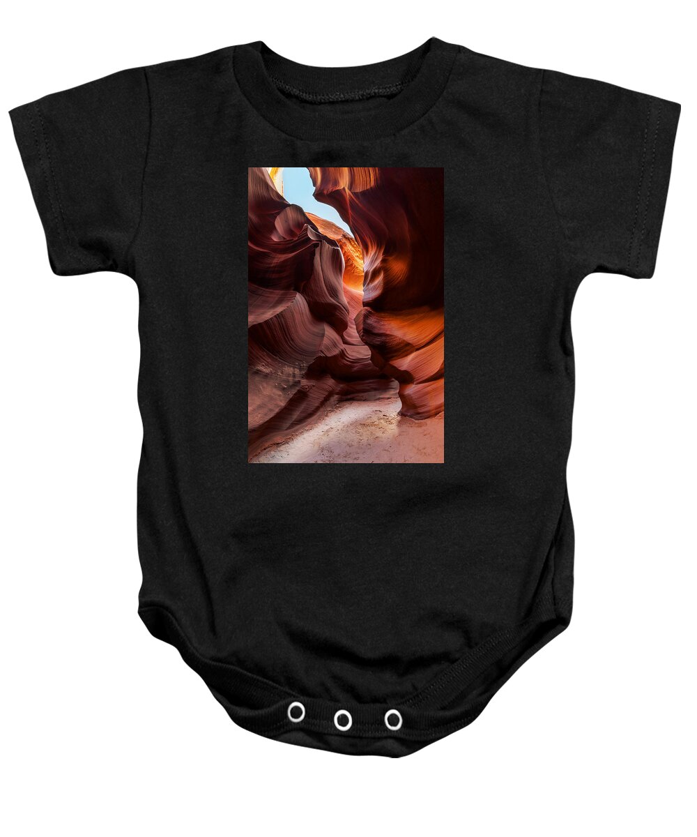 Antelope Canyon Baby Onesie featuring the photograph The Light at the End of the Canyon by Jason Chu