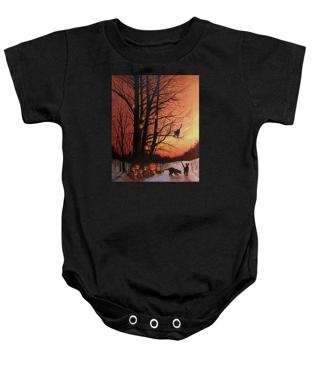 Black Cats Baby Onesie featuring the painting The Pumpkin Tree by Tom Shropshire