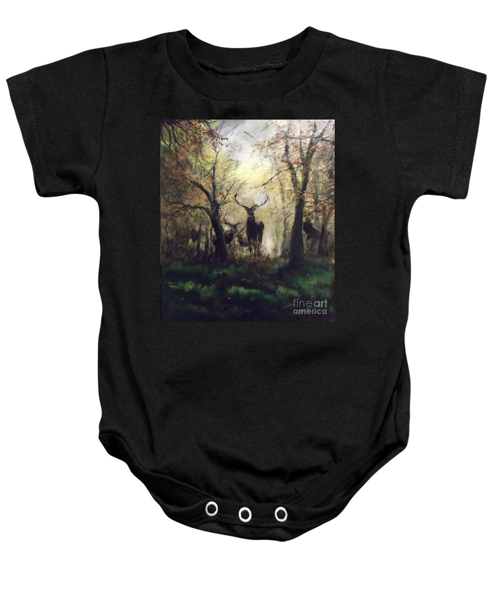 Stags Baby Onesie featuring the painting The sound of silence by Lizzy Forrester