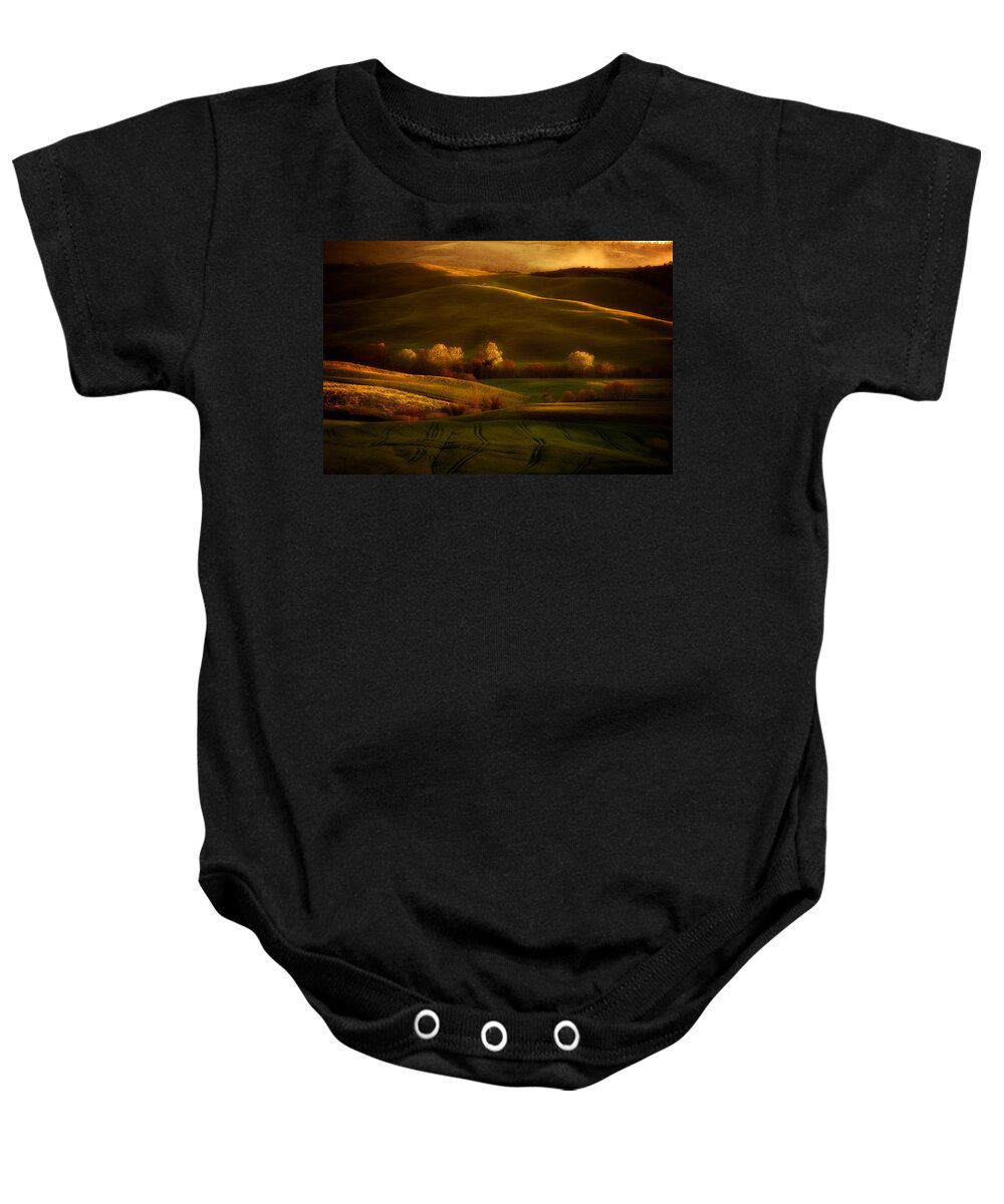 Toskany Baby Onesie featuring the photograph Golden fields of val d'Orcia by Jaroslaw Blaminsky