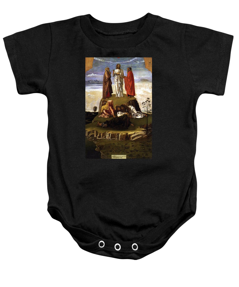 Transfiguration Of Christ On Mount Tabor Baby Onesie featuring the painting Transfiguration of Christ on Mount Tabor 1455 Giovanni Bellini by Karon Melillo DeVega