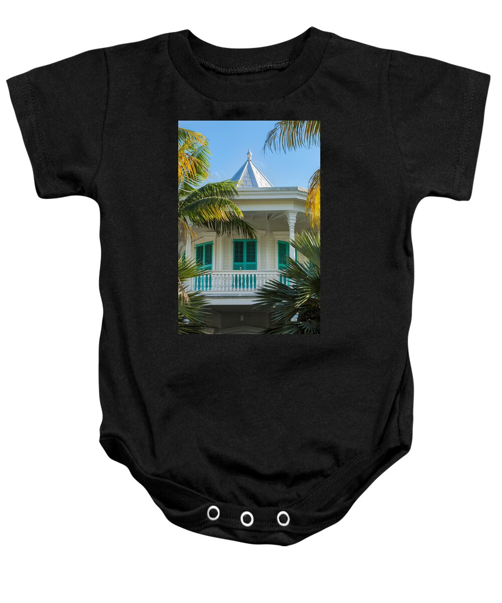 Balcony Baby Onesie featuring the photograph Turquoise Shutters Key West Porch by Ed Gleichman