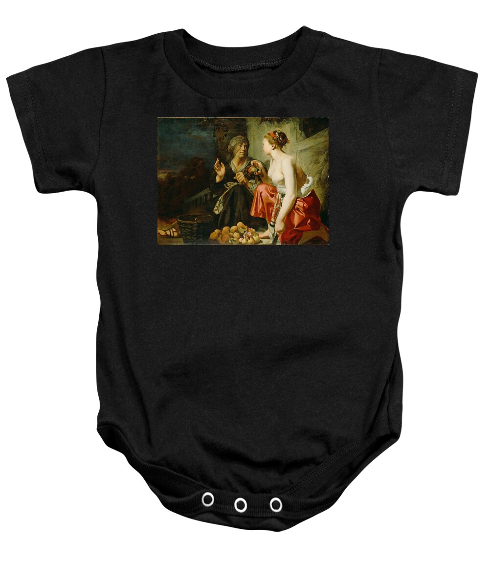 Attributed To Caesar Van Everdingen Baby Onesie featuring the painting Vertumnus and Pomona by Attributed to Caesar van Everdingen