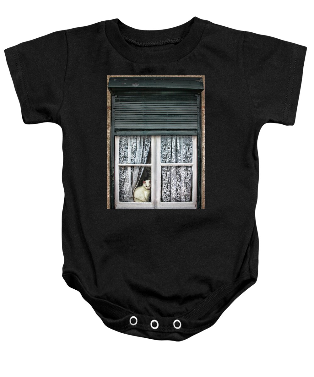 White Cat Baby Onesie featuring the photograph Waiting for feline Romeo by Aleksander Rotner