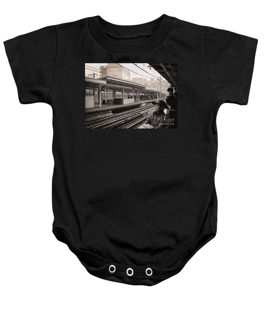 Trains Baby Onesie featuring the photograph Waiting for the Ginza by Ellen Cotton