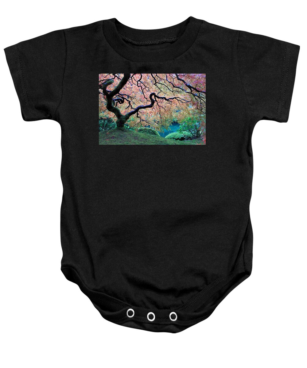 Japanese Maple Tree Baby Onesie featuring the photograph Waterfall Of Leaves by Athena Mckinzie