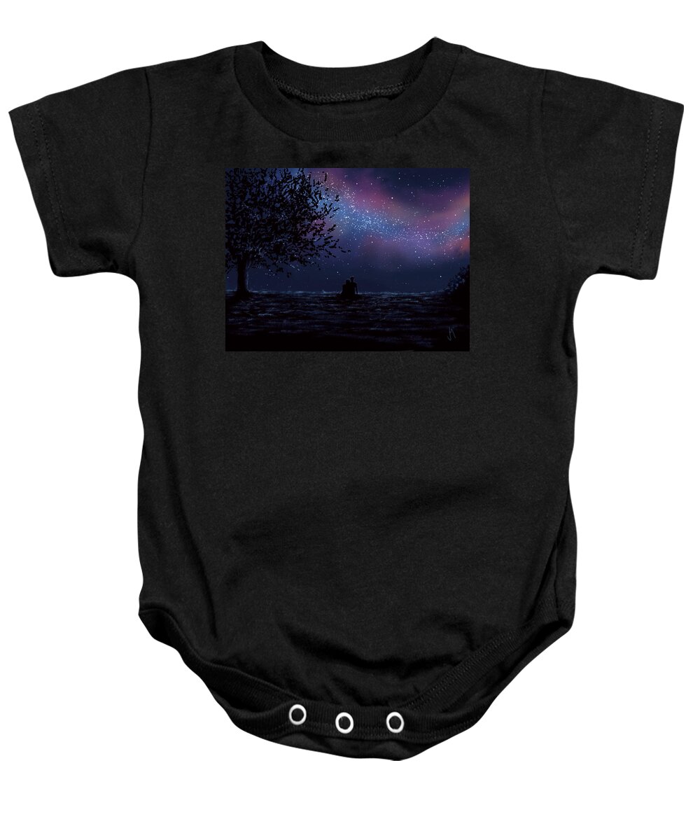 Night Baby Onesie featuring the painting We are still looking up by Veronica Minozzi