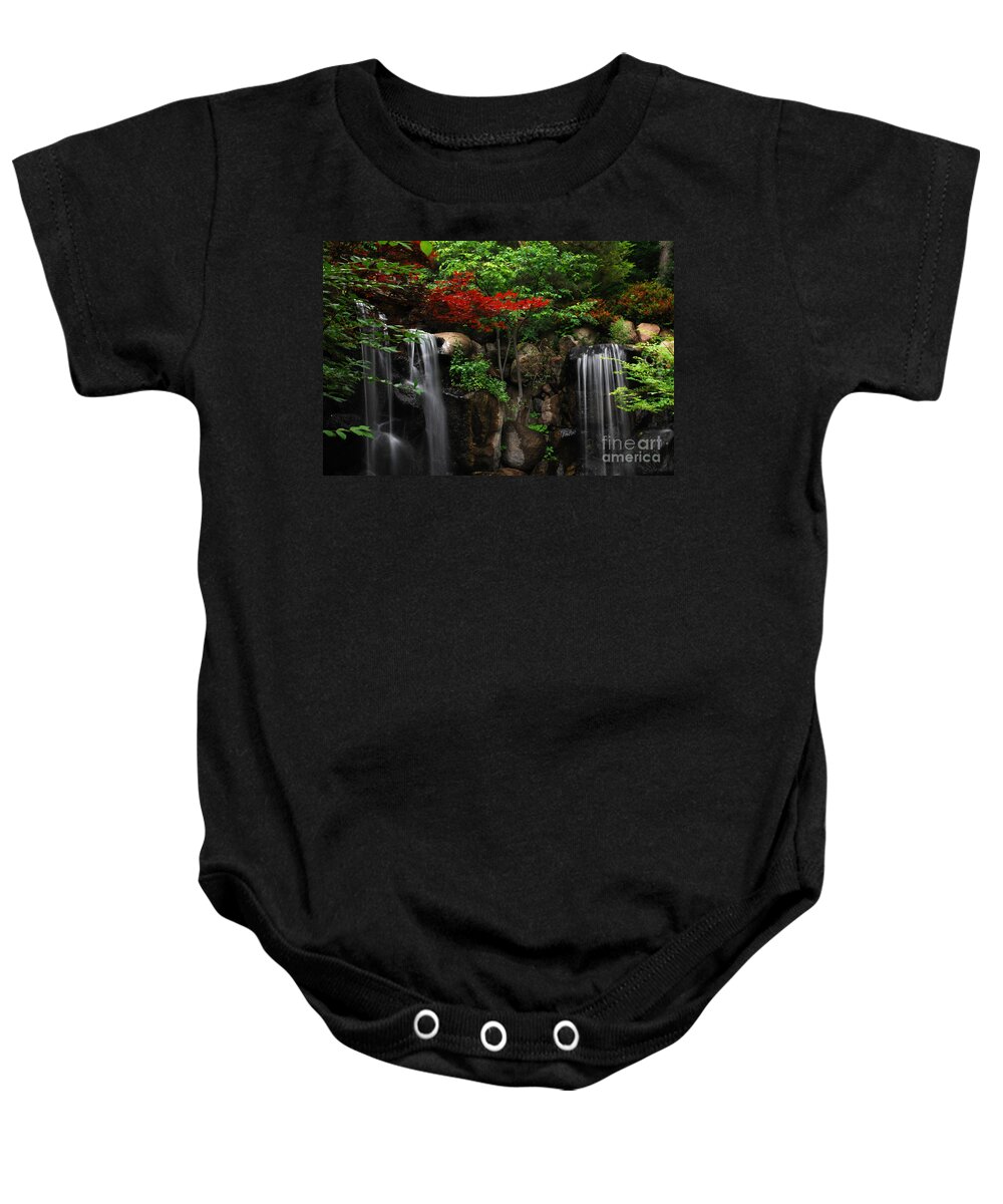 Waterfall Baby Onesie featuring the photograph West Waterfall at Japanese Garden by Nancy Mueller