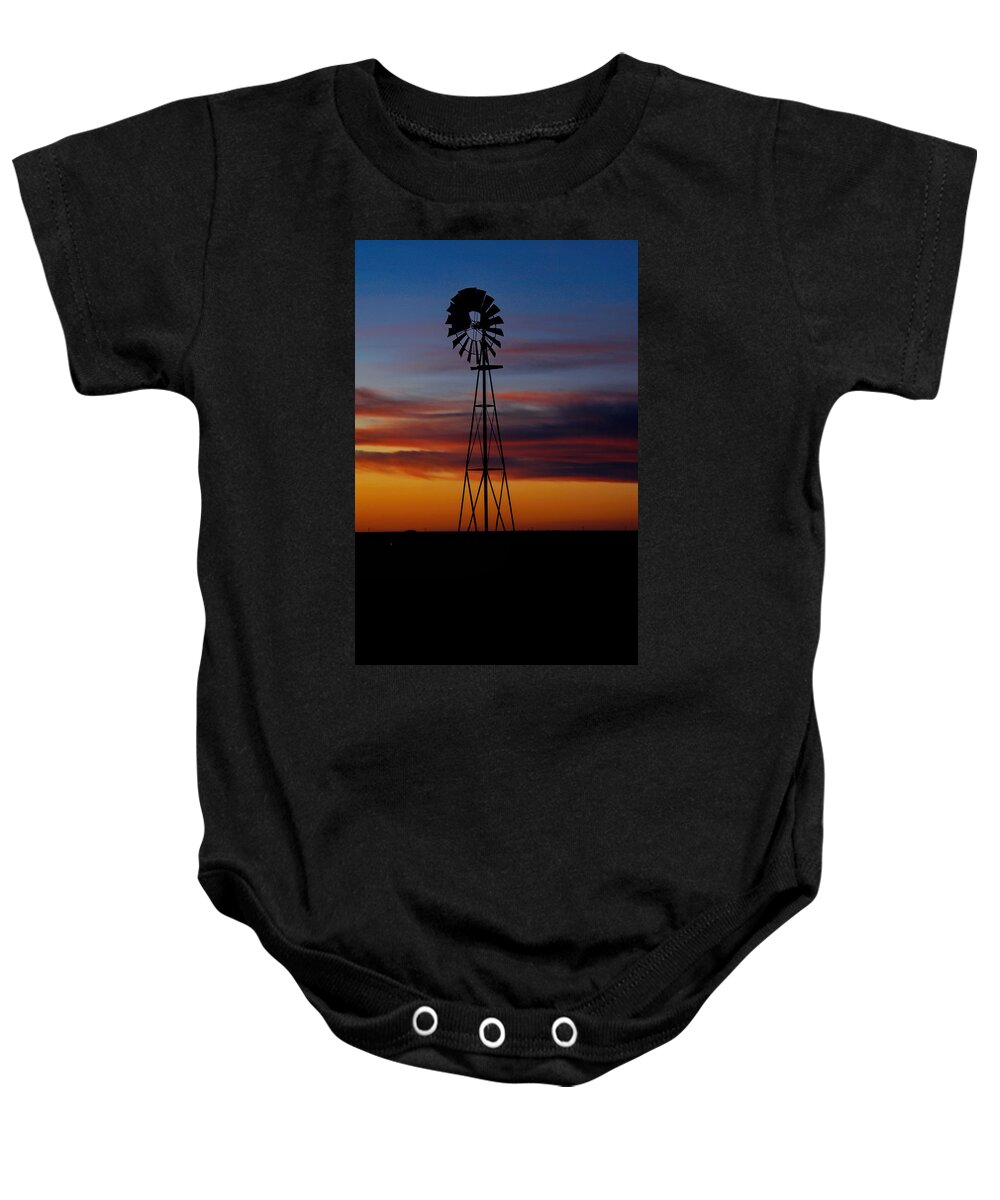 Kansas Baby Onesie featuring the photograph Windmill at Sunset by Alan Hutchins