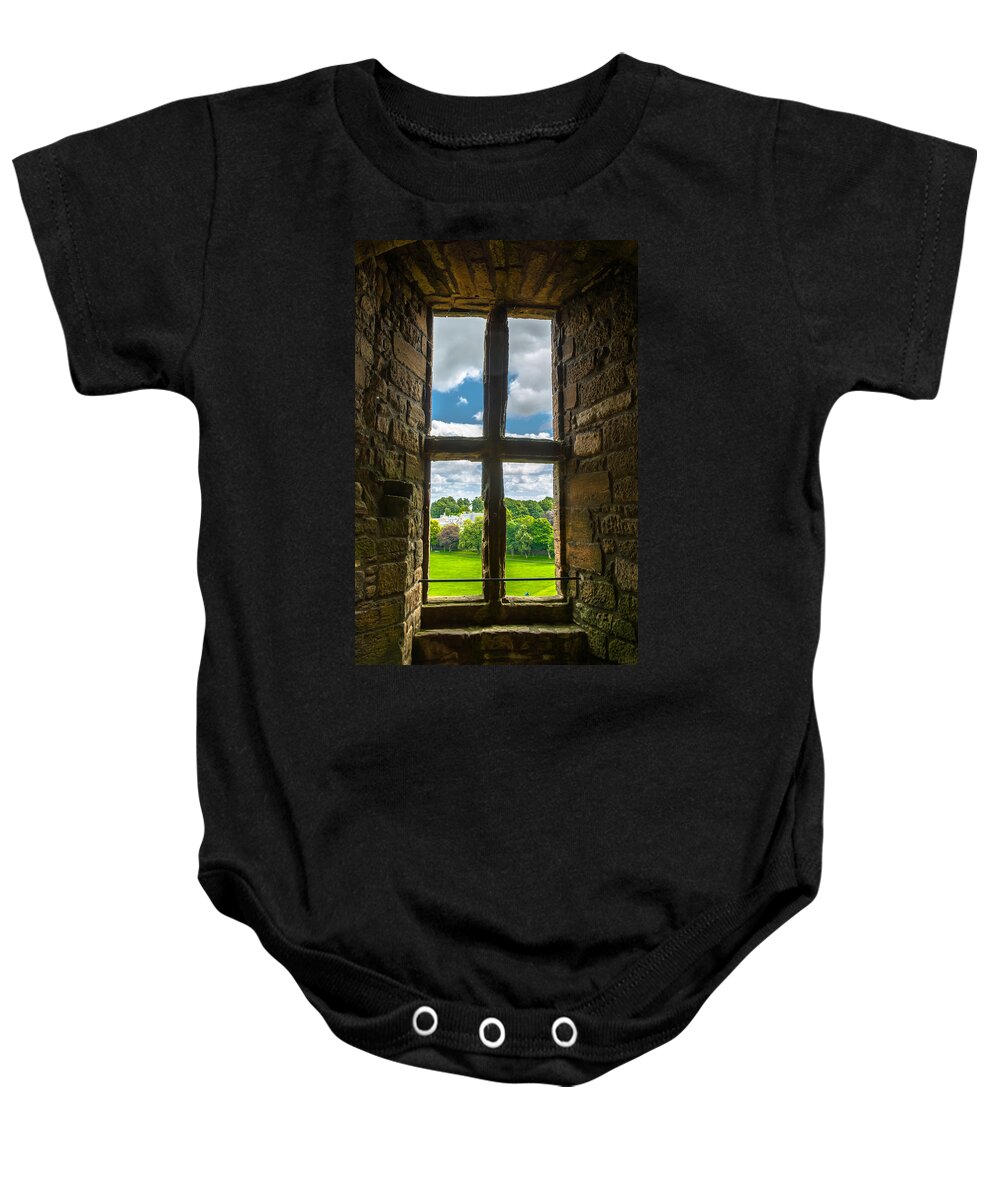 Scotland Baby Onesie featuring the photograph Window in Linlithgow Palace with view to a beautiful scottish landscape by Andreas Berthold