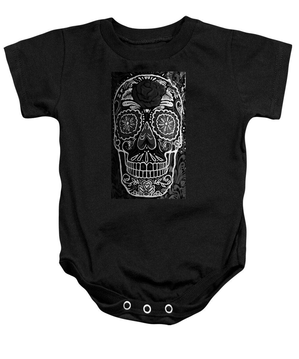 Dia De Los Muertos Baby Onesie featuring the photograph Wineskull Dark Black And White by Rob Hans