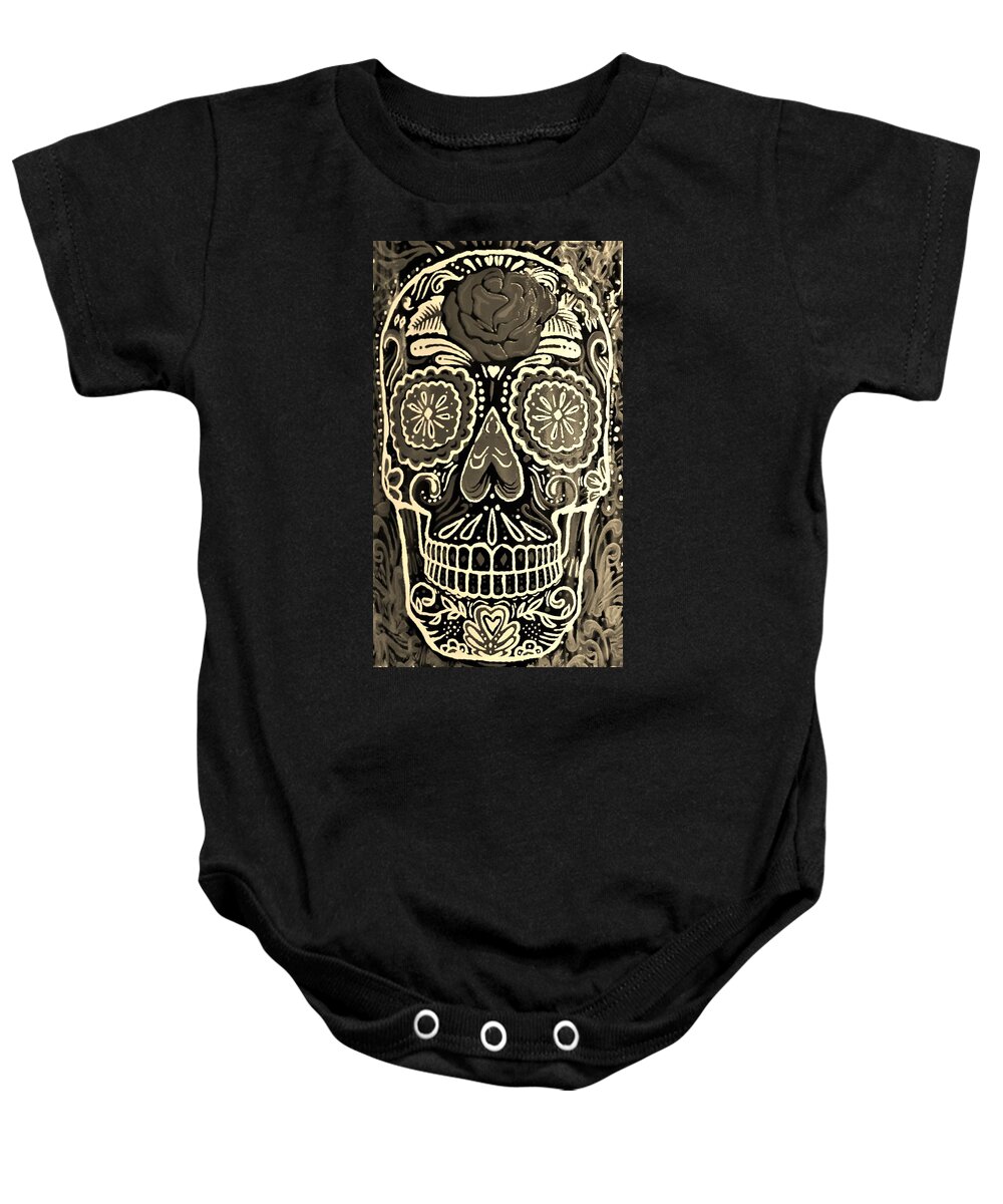 Dia De Los Muertos Baby Onesie featuring the photograph Wineskull Light Sepia by Rob Hans