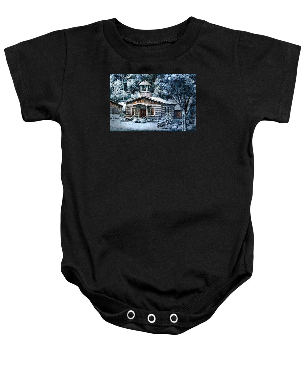 Winter Baby Onesie featuring the digital art Winter Church by Mary Almond