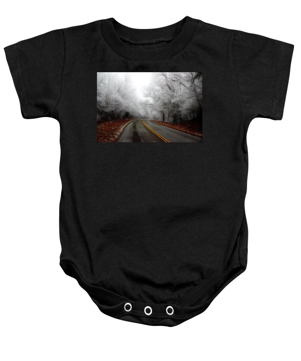 Frosted Roadway Baby Onesie featuring the photograph Winter Road Trip by Michael Eingle