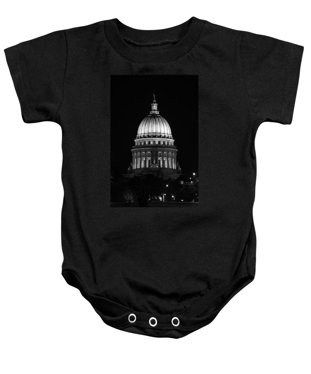 Architecture Baby Onesie featuring the photograph Wisconsin State Capitol Building at Night Black and White by Sebastian Musial