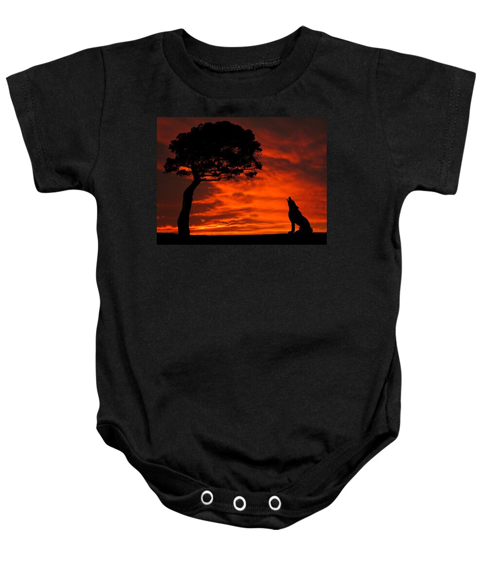 Wolf Baby Onesie featuring the photograph Wolf Calling For Mate Sunset Silhouette Series by David Dehner