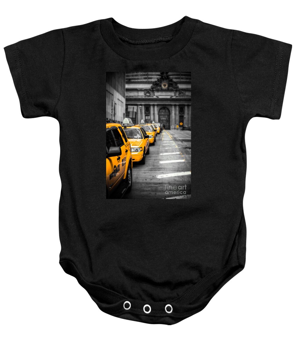 Nyc Baby Onesie featuring the photograph Yellow Cabs waiting - Grand Central Terminal - bw o by Hannes Cmarits