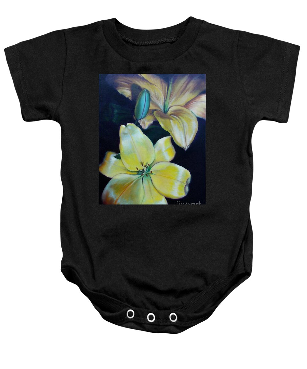 Flowers Baby Onesie featuring the painting Yellow Lilies by Marlene Book