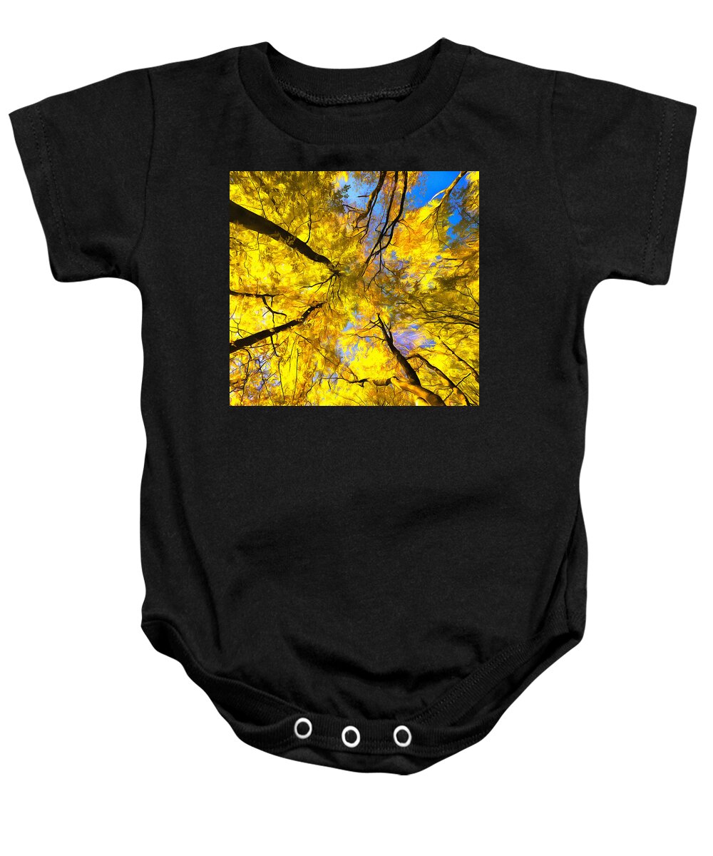 Trees Baby Onesie featuring the painting Yellow trees in autumnal forest acrylic painting by Matthias Hauser