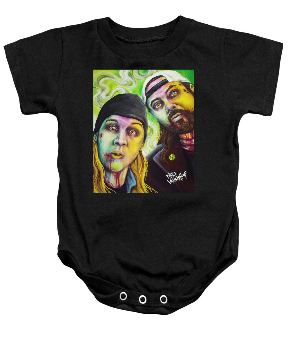 Jay And Silent Bob Baby Onesie featuring the painting Zombie Jay and Silent Bob by Mike Vanderhoof