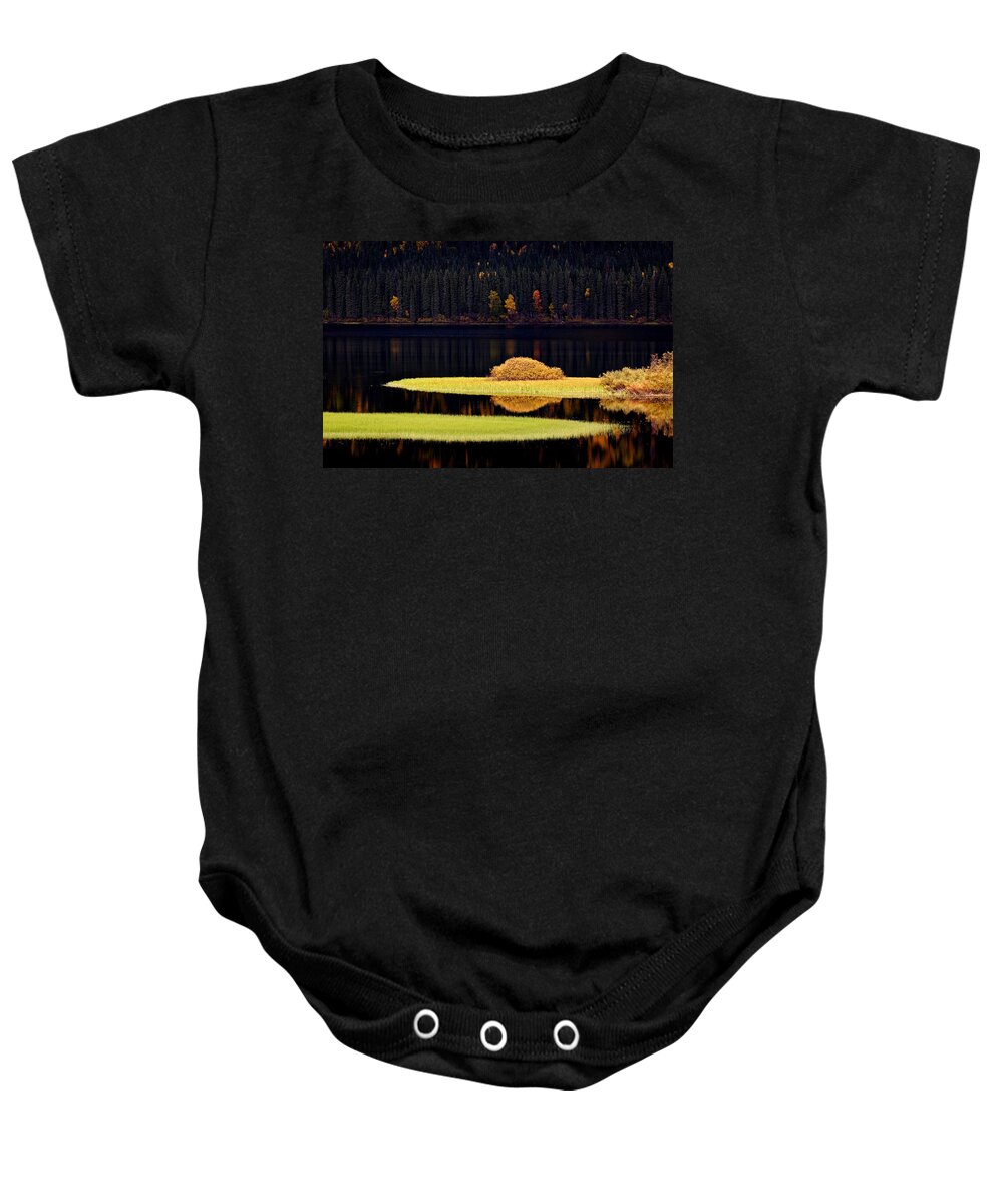Autumn Baby Onesie featuring the digital art Water reflections in autumn #1 by Mark Duffy