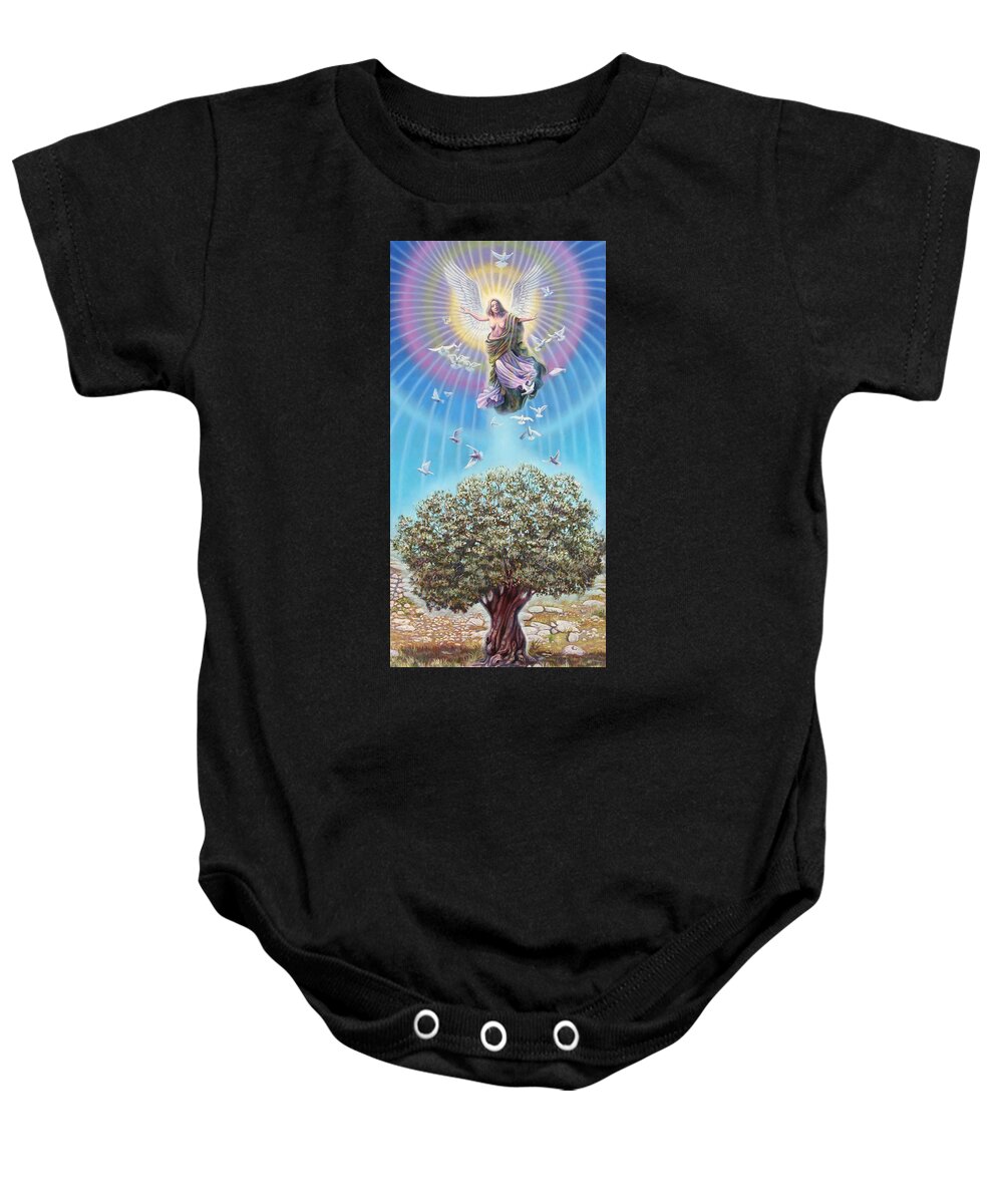 Olive Baby Onesie featuring the painting Angel over the olive tree by Miguel Tio