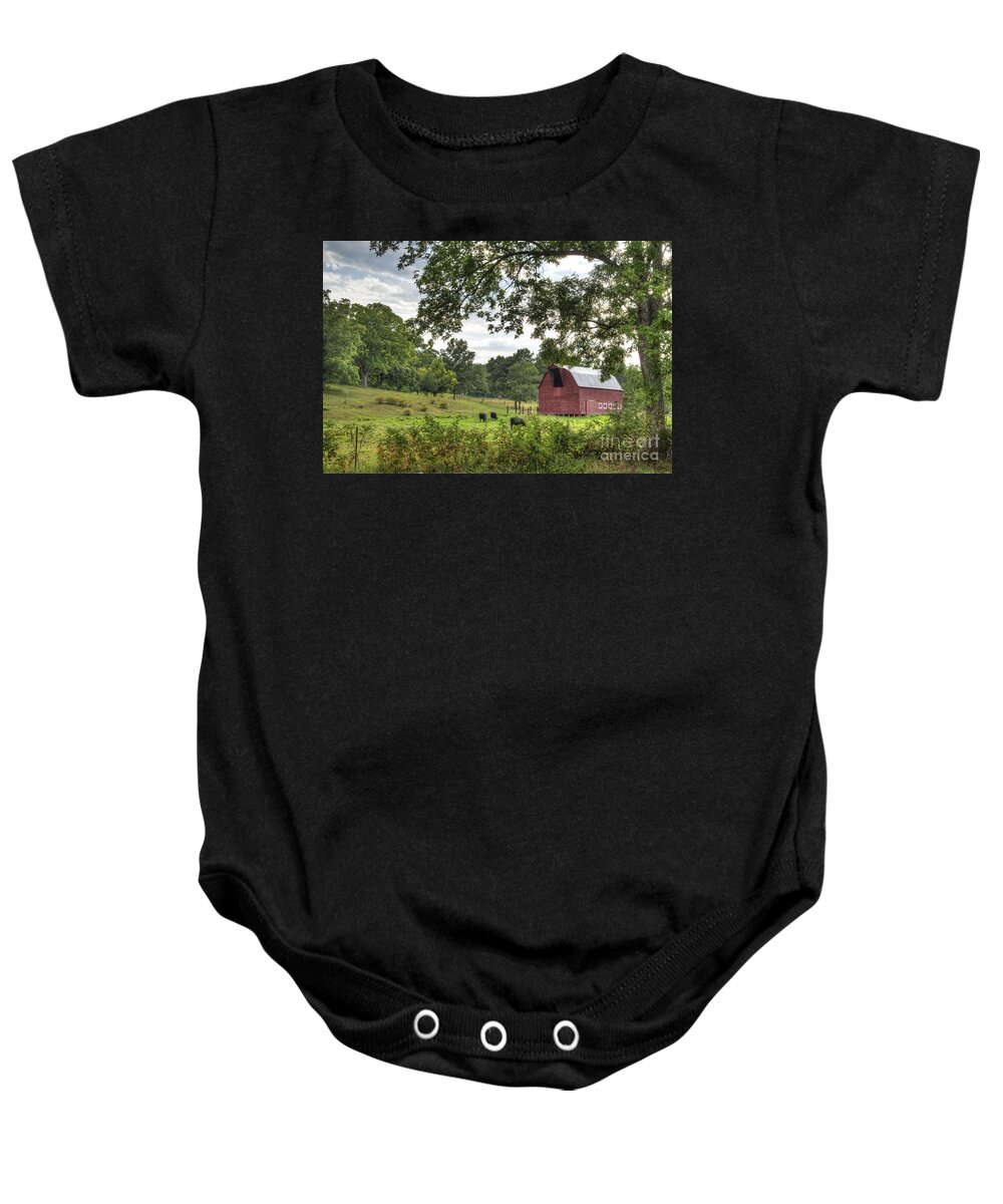 2012 Baby Onesie featuring the photograph Barn With Grazing Cows by Larry Braun