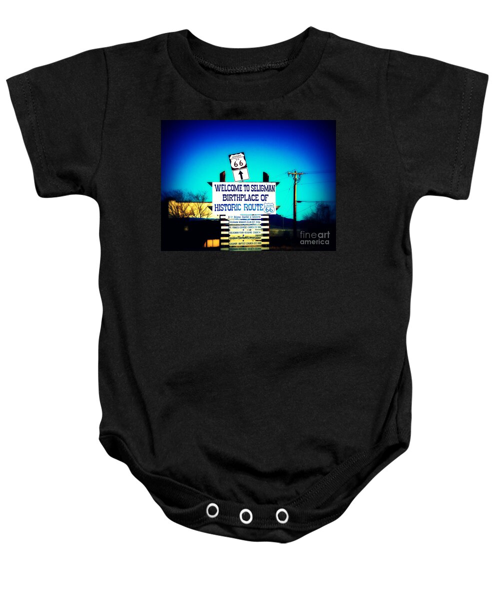 Welcome To Seligman Baby Onesie featuring the photograph Birthplace of Route 66 by Susanne Van Hulst