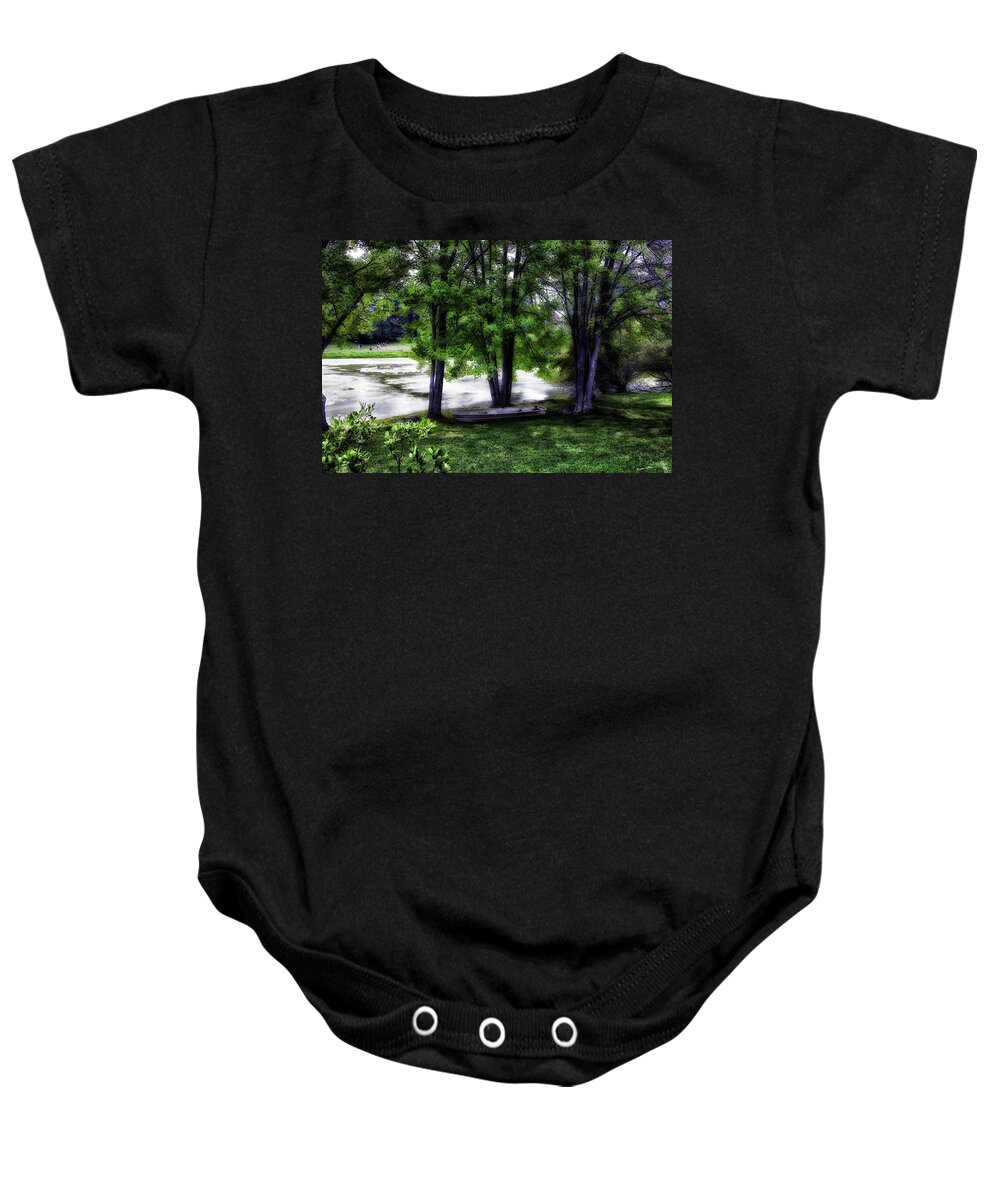Boat Baby Onesie featuring the photograph Boat by the Pond 1 by Madeline Ellis