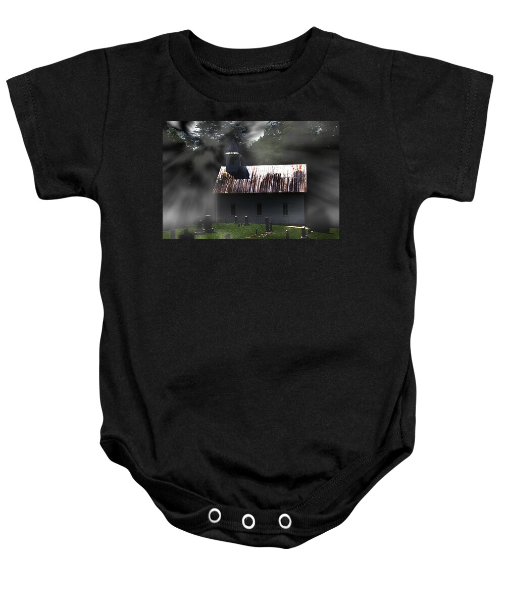 Old Church Baby Onesie featuring the photograph Church in the Mist by Barry Jones
