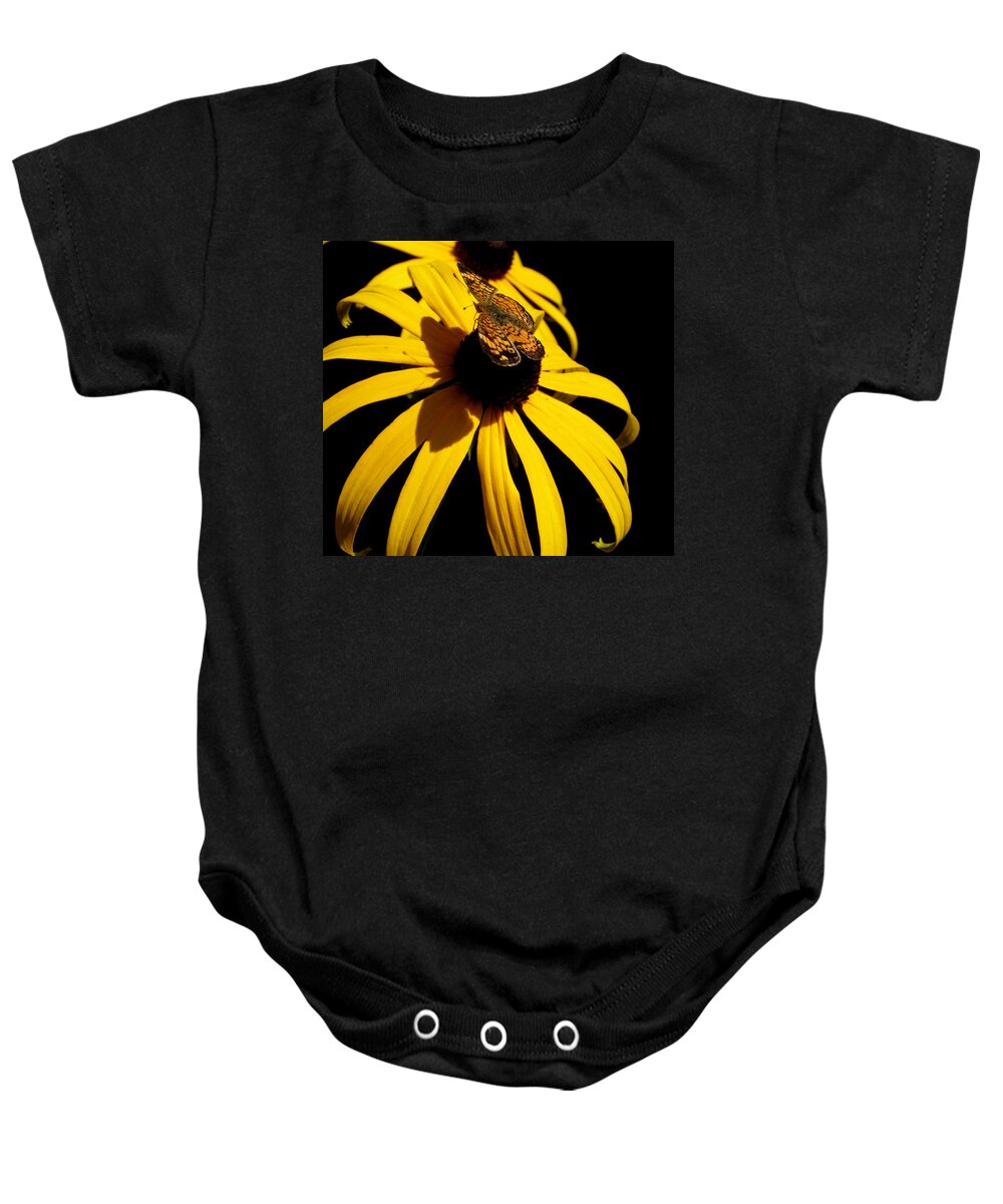 Butterfly Baby Onesie featuring the photograph Double yellow Delight with a surprise by Kim Galluzzo
