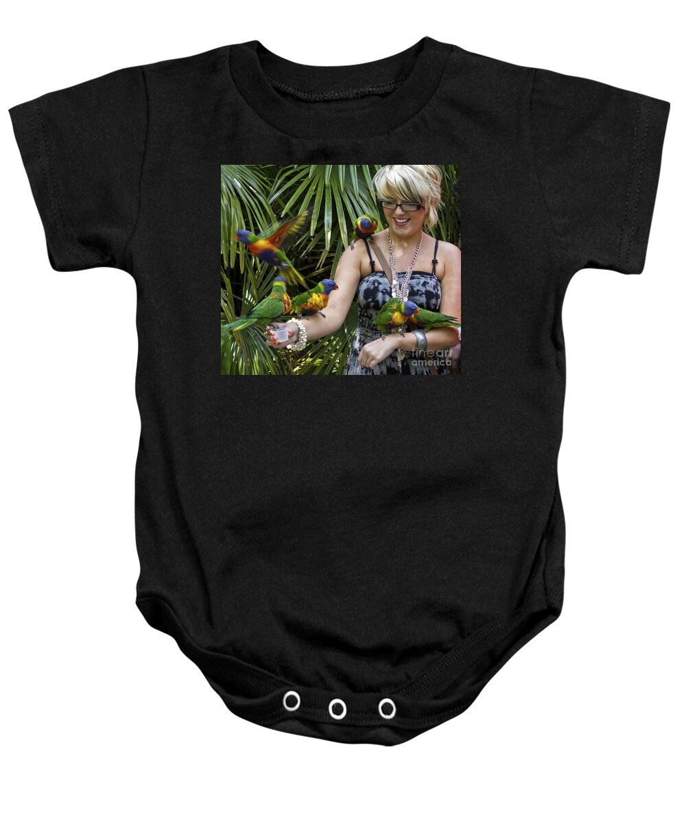 Clare Bambers Baby Onesie featuring the photograph Feeding Rainbow Lorikeets by Clare Bambers
