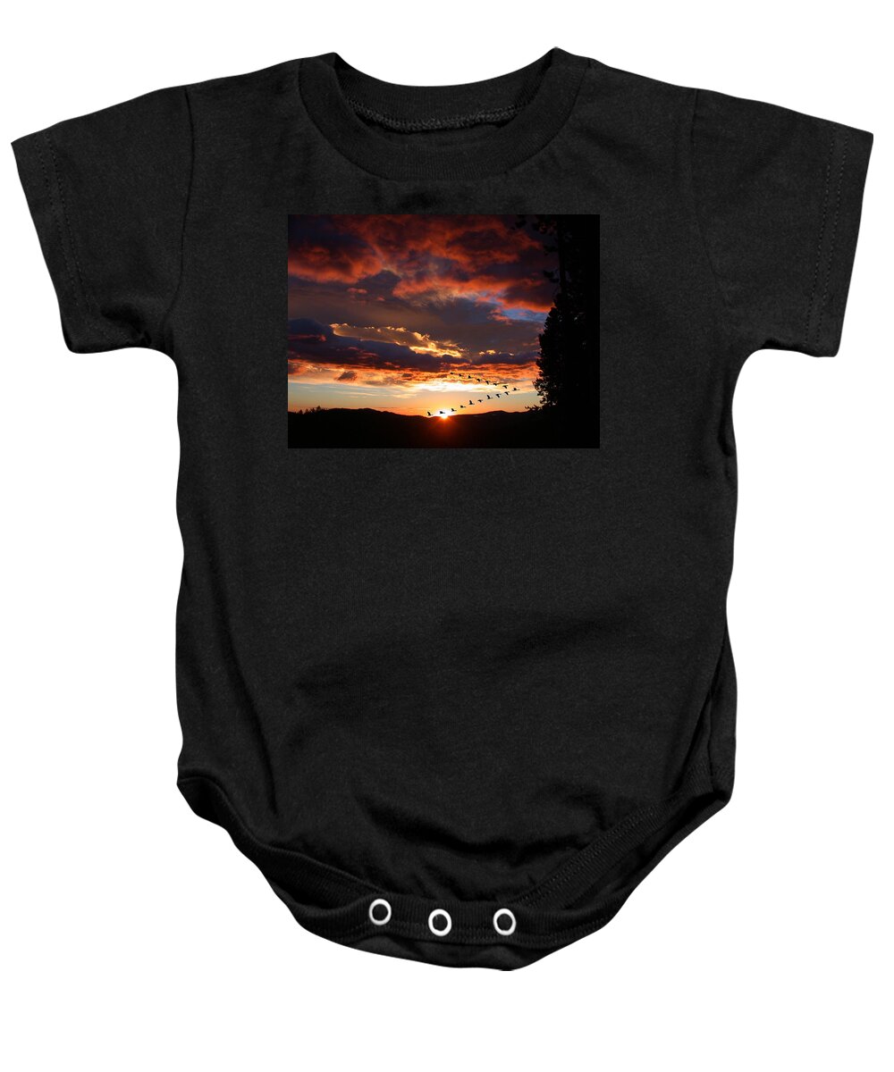 Clouds Baby Onesie featuring the photograph Geese Flying At Sunset by Shane Bechler