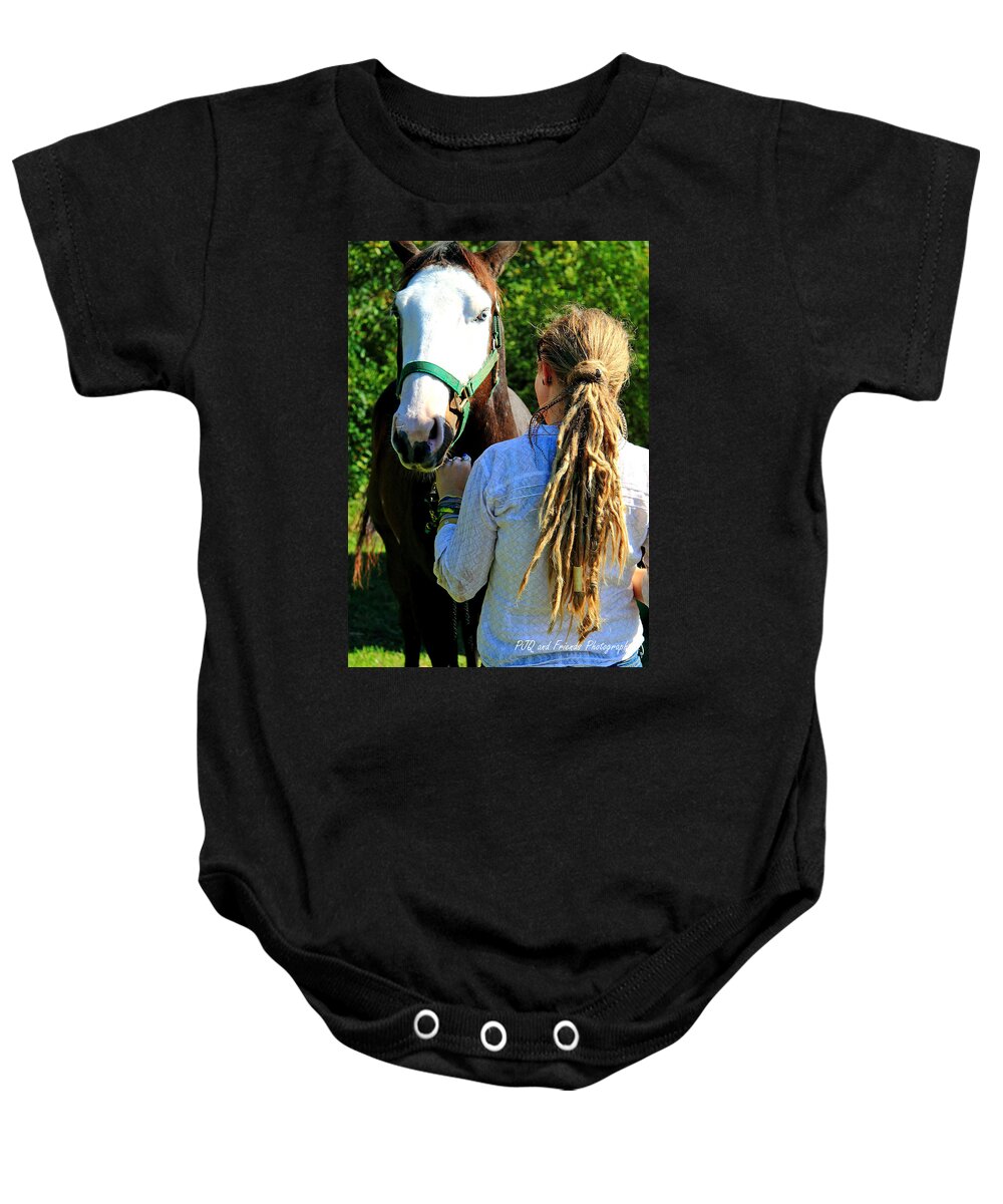  Baby Onesie featuring the photograph 'Ghostface and Golden Dreads' by PJQandFriends Photography