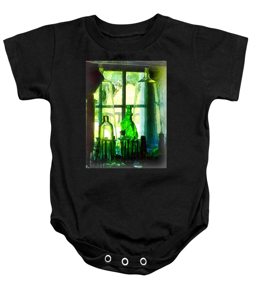 Bottles Baby Onesie featuring the photograph Green Bottles on Windowsill by Susan Savad