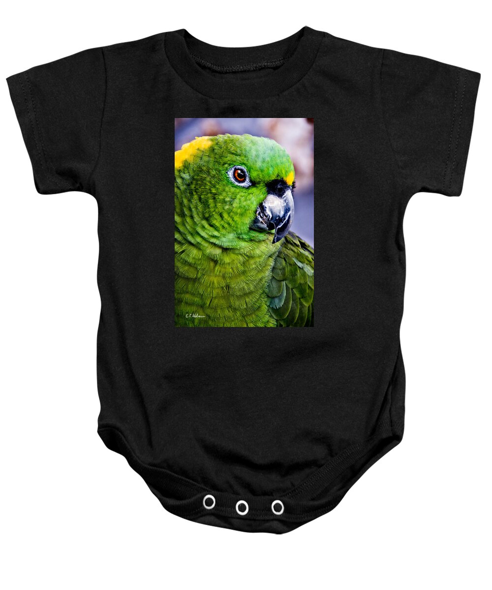 Parrot Baby Onesie featuring the photograph Green Parrot by Christopher Holmes