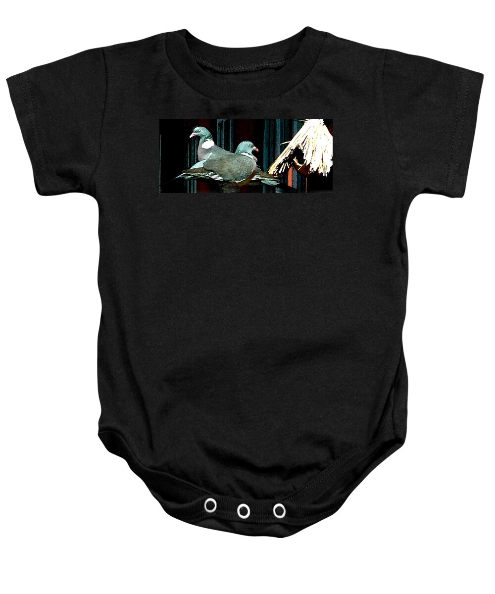 Colette Baby Onesie featuring the mixed media Holy Pigeon Couple Mates for ever enjoy the Garden peace by Colette V Hera Guggenheim