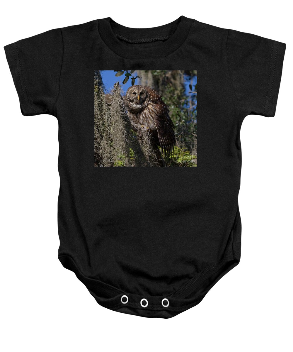 Barred Owl Baby Onesie featuring the photograph I See You by Sue Karski