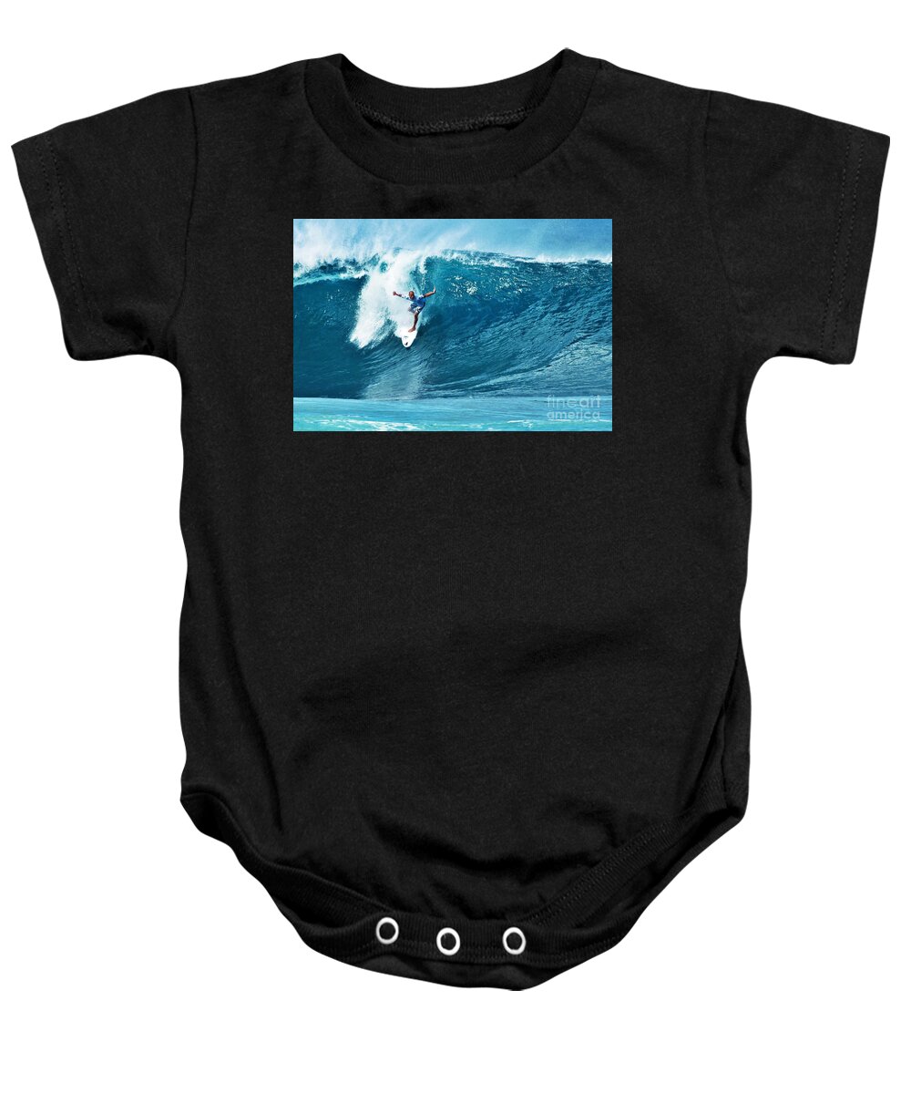 Kelly Slater Baby Onesie featuring the photograph Kelly Slater at Pipeline Masters Contest by Paul Topp