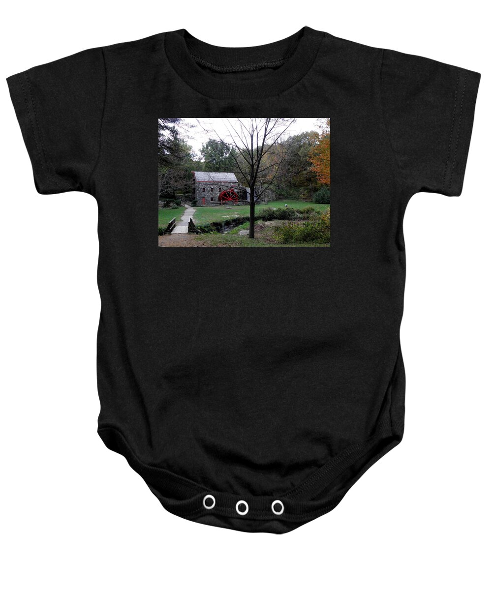 Longfellow Baby Onesie featuring the photograph Longfellow Grist Mill x20 by Kim Galluzzo