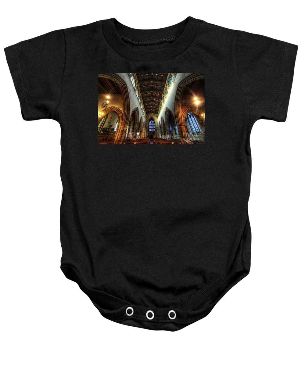 Yhun Suarez Baby Onesie featuring the photograph Loughborough Church Ceiling And Nave by Yhun Suarez