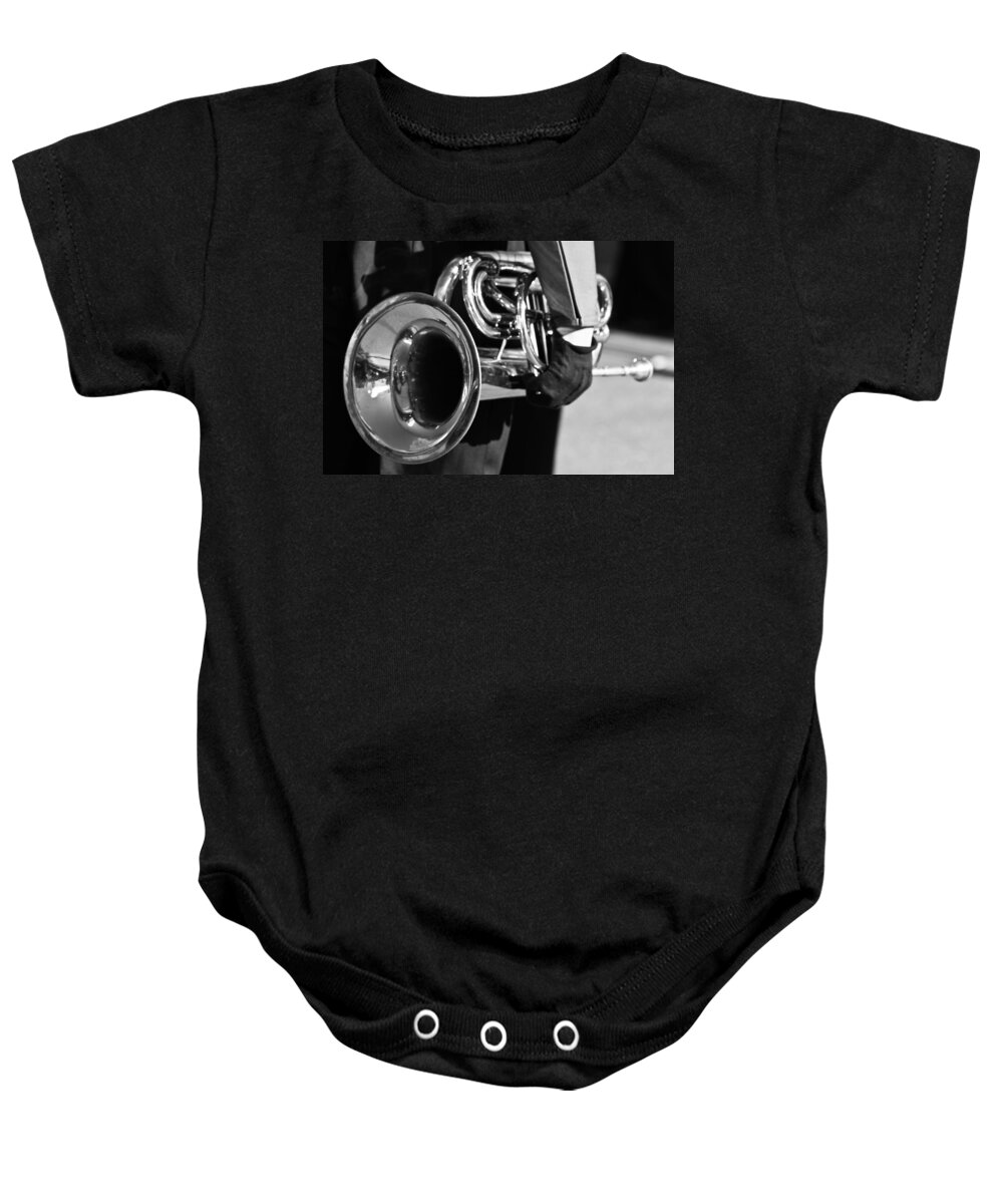 Cornet Baby Onesie featuring the photograph Marching Band Horn BW by James BO Insogna